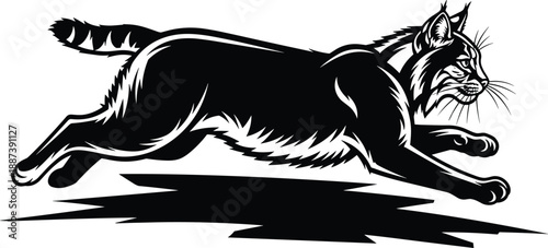 Running bobcat silhouette vector illustration, black and white wild lynx animal jumping, side view nature predator mascot logo design.