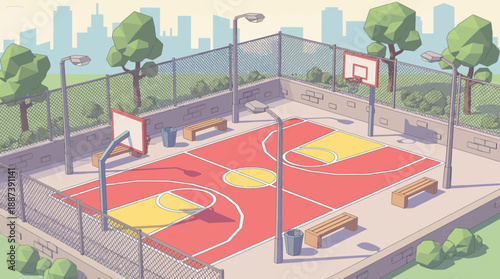 Isometric Low Poly Basketball Court in Urban City Park