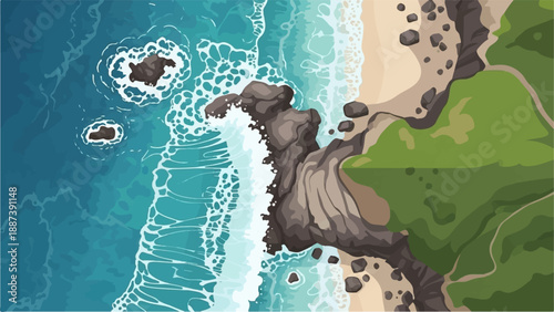 Overhead view of a rugged coastline with crashing waves and green hills