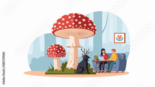People and dog sit by large mushrooms, woman uses laptop, man watches