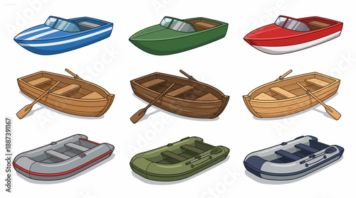 Cartoon Boats Set Speedboats Rowboats and Inflatable Dinghies Icons