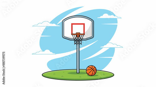 Cartoon Basketball Hoop and Ball on Green Grass Flat Illustration