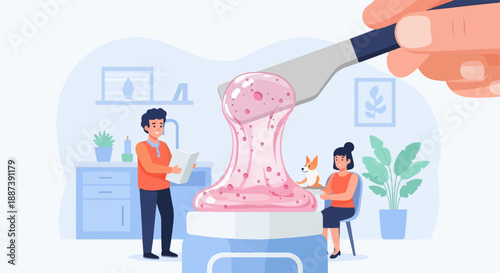 People and dog with pink goo being scraped in a kitchen