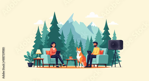 People and dog relaxing in cozy forest setting with laptops and camera