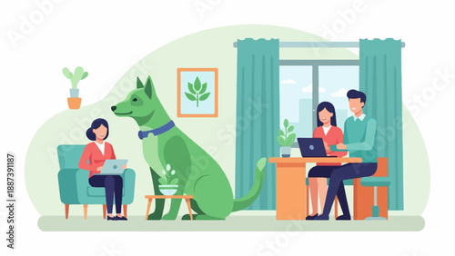 People and dog work on laptops in a cozy, sunlit room