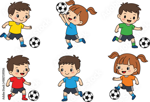 Set of cute cartoon children boys and girls playing soccer football dribbling and kicking ball isolated on white background vector