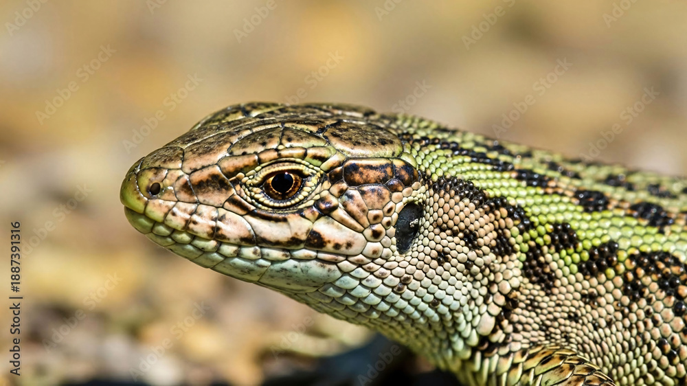 Fototapeta premium Close-up of a colorful lizard's head with intricate scales