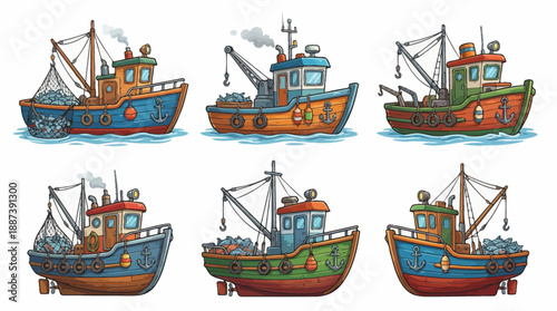 Cartoon Fishing Boats Collection Trawler Set on White Background