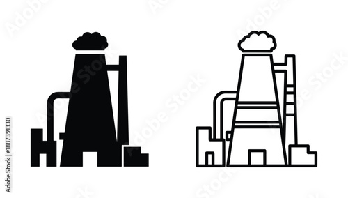 Factory silhouette and outline vector illustration design, black and white factory tower with smoke or cloud, industrial icon