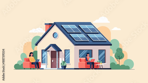 Minimalist house with solar panels and people working on laptops outdoors