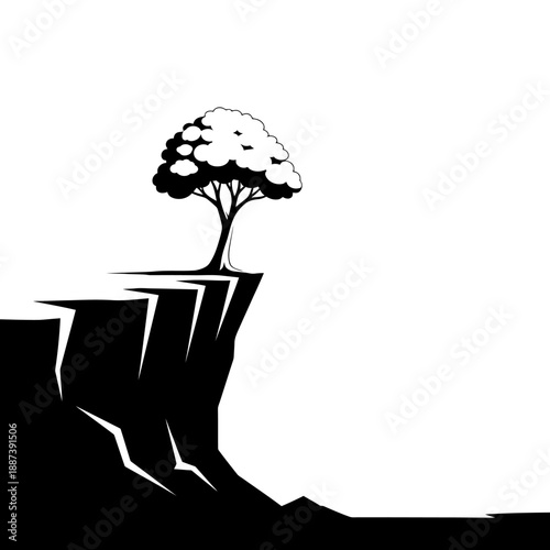 Solitary tree on cliff edge, minimalist black and white vector illustration