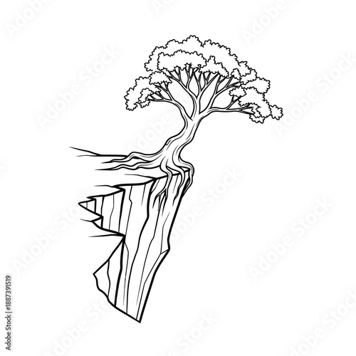 Tree growing on cliff edge, resilience, strength, nature, black and white illustration