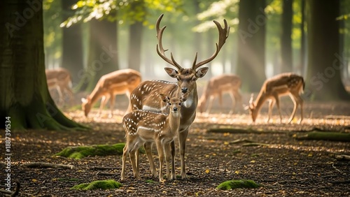 Deer family in forest habitat together.