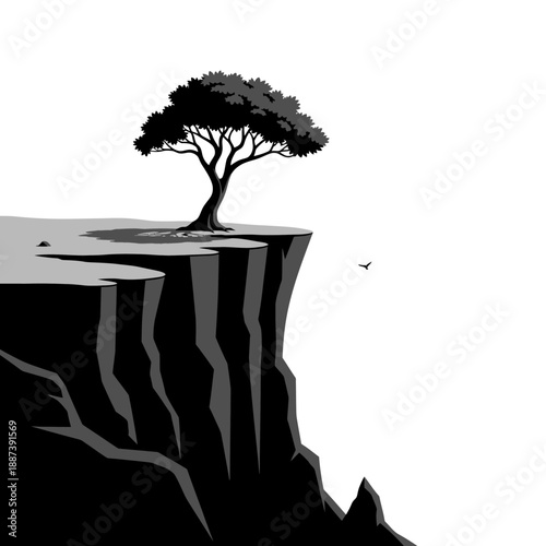 Solitary Tree on Cliff Edge, Minimalist Black and White Nature Scene
