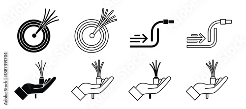 Fiber optic cable icons featuring cable spool, tube connection, and hand holding the fiber optic cable connection.