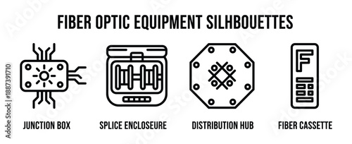 Fiber Optic Equipment Silhouettes: Junction Box, Splice Enclosure, Distribution Hub, Fiber Cassette line art.