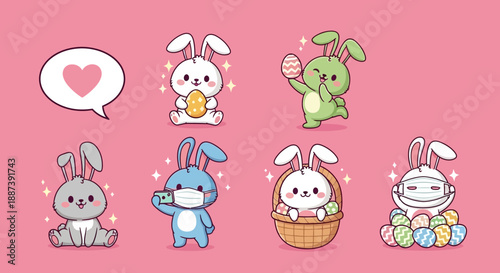 Kawaii Easter Bunnies Collection Illustration with Protective Masks