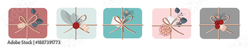 Christmas gifts in set. DIY present boxes with tag, twine bows and branches, Xmas wreaths, envelopes, card. Colored flat vector illustrations isolated on white background. Top view.