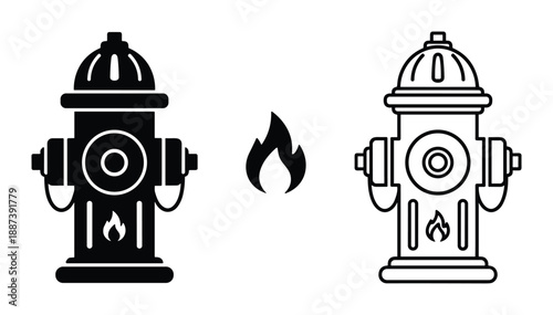 Fire hydrant icons with flame symbol, black and outline styles, safety equipment, fire prevention, and emergency tools