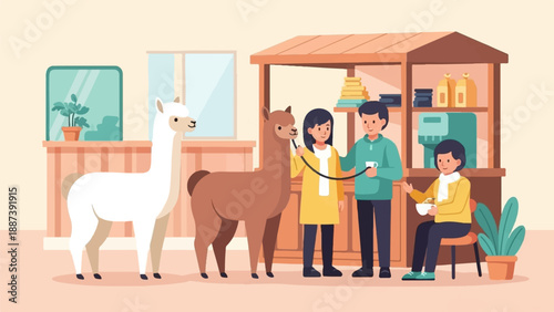 People and alpacas interact at a cozy drink stand with plants