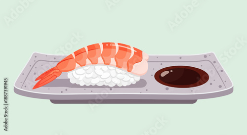 Minimalist illustration of shrimp sushi with soy sauce on a textured tray