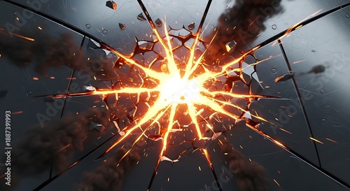 Explosive Impact Shattering Glass with Bright Center