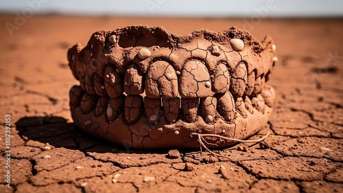 Dry cracked earth with fossilized teeth.