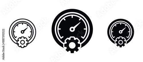 Gauge with gear vector icon set. Speedometer with cogwheel icons, representing optimization, efficiency and performance