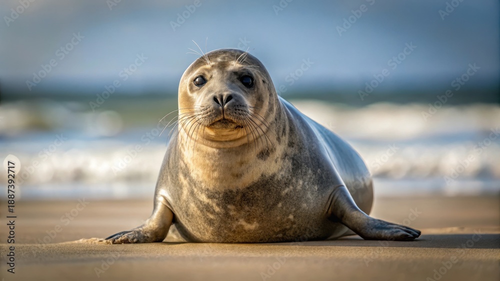 Fototapeta premium A lone harbor seal lies stranded on sandy dunes, its usually sleek body worn and weathered from a long struggle against the relentless tide
