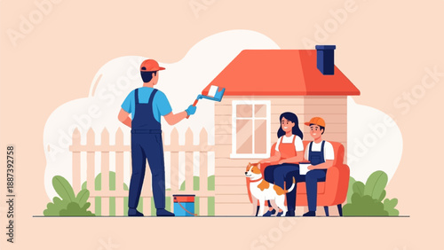 Painter working on house roof while family rests with dog