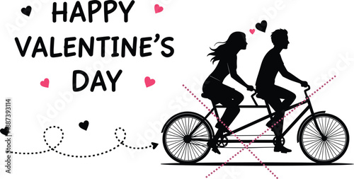 Happy Valentine's Day vector illustration with black silhouette of a couple riding a tandem bicycle, decorated with pink hearts and romantic typography, isolated