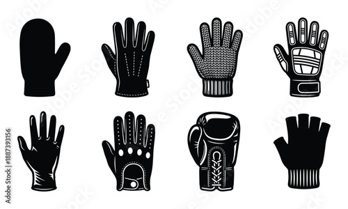 Gloves and mittens vector illustration set, winter gloves for sports and activities in black and white design