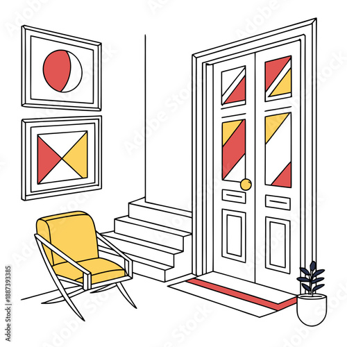 Modern entrance with abstract art