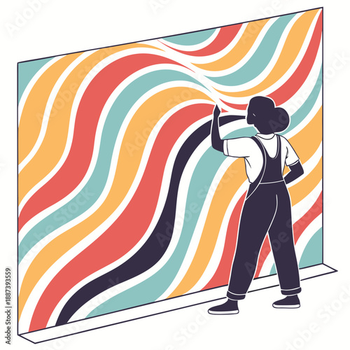 Person cleaning a colorful wall mural