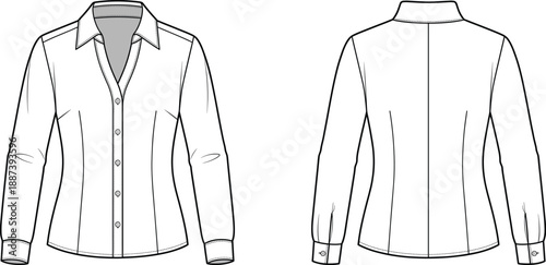 Women classic button down shirt technical fashion illustration, front and back view, long sleeve blouse flat vector design