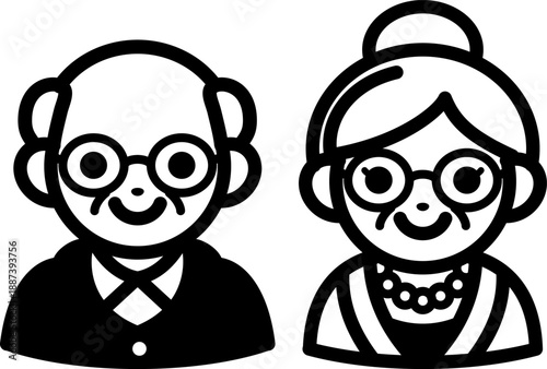 高齢者のおじいさんとおばあさんのアイコンセット シニア人物イラスト モノクロ ベクター素材　Elderly Man and Woman Icon Set Senior People Illustration Monochrome Vector
