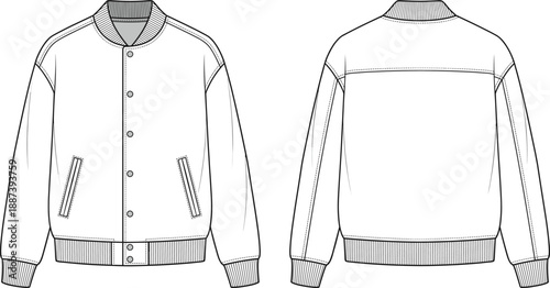 Varsity jacket technical flat sketch, front and back view apparel template, ribbed collar cuffs hem, vector fashion illustration mockupVarsity jacket technical flat sketch