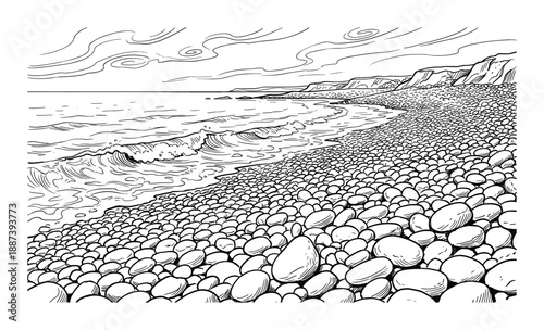 Hand drawn seascape with pebble beach, ocean waves and dynamic sky line art illustration