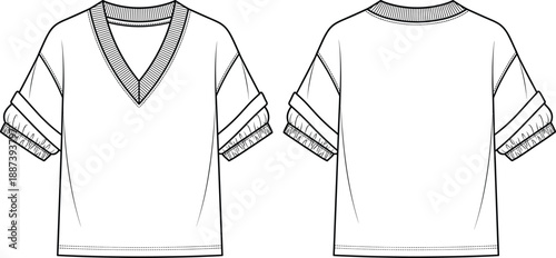 V neck knit t shirt, fashion flat technical sketch, front and back view, womens casual top design, vector illustration, template