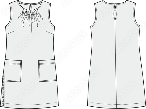 Technical fashion illustration of sleeveless women shift dress with pockets, front and back view, clean line art, apparel flat sketch garment design template