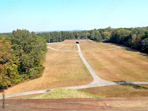 View of visitor center at Pinson Mounds State Archaeological Park in Tennessee from atop Saul's Mound. The center was built to look like a Native American mound.