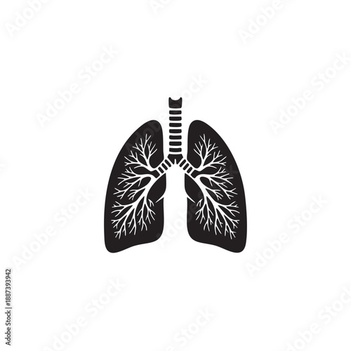 Human lungs silhouette vector illustration. Anatomical respiratory system icon. Black and white medical organ symbol with trachea and bronchial tree isolated on white background. Pulmonary health grap