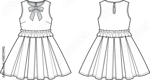 Technical fashion illustration of sleeveless girls dress with bow detail and ruffled waist, front and back view, clean line art apparel flat sketch