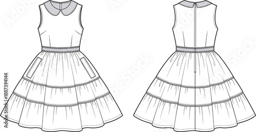 Technical fashion illustration of sleeveless girls tiered dress with pockets and decorative collar, front and back view, detailed line art apparel flat sketch