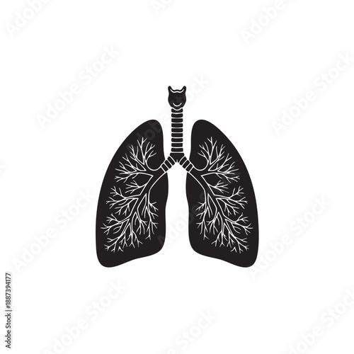 Human lungs silhouette vector illustration. Anatomical respiratory system icon. Black and white medical organ symbol with trachea and bronchial tree isolated on white background. Pulmonary health grap