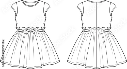 Technical fashion illustration of short sleeve girls dress with bow waist and gathered skirt, front and back view, clean line art apparel flat sketch