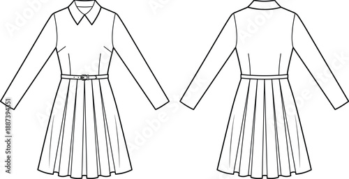 Technical fashion illustration of long sleeve women dress with classic collar and pleated skirt, front and back view, clean line art apparel flat sketch