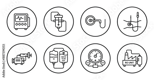 Hemodialysis machine components vector icons showing machine, filter, fistula needle, fluid bags, and RO unit.