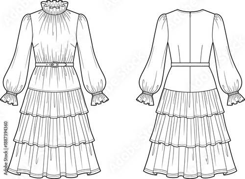 Technical fashion illustration of long sleeve women tiered dress with belt, ruffled collar and cuffs, front and back view, detailed line art apparel flat sketch