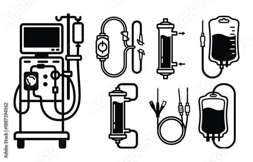 Hemodialysis machine and blood transfusion equipment vectors for medical illustration